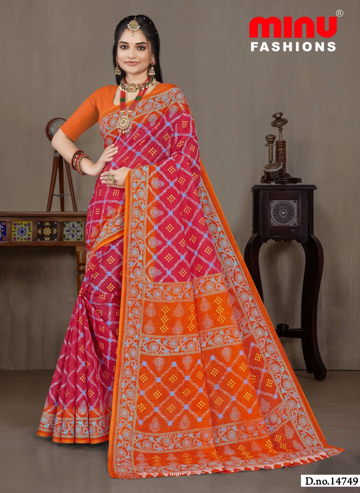 Minu Fashions Saree Ulta Chasma – Pink and Orange printed saree with golden border for festive wear