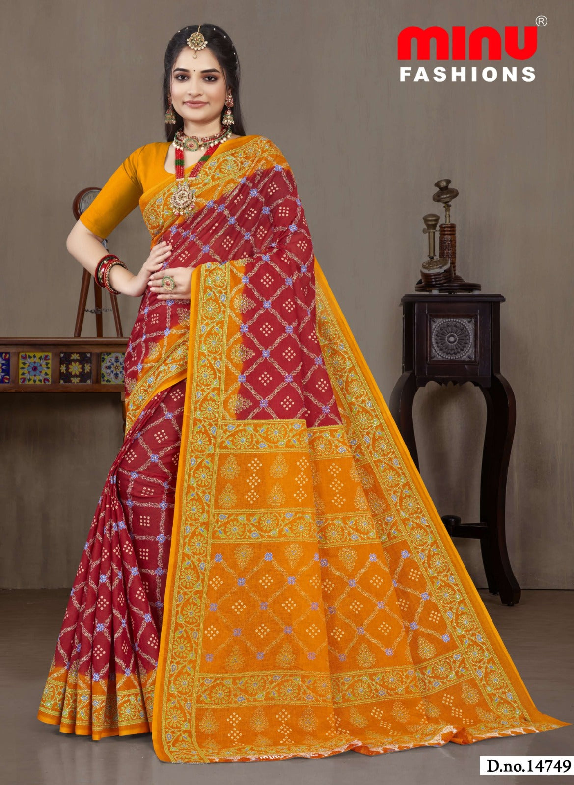 Minu Fashions Saree Ulta Chasma – Maroon and Yellow printed saree with ethnic border design