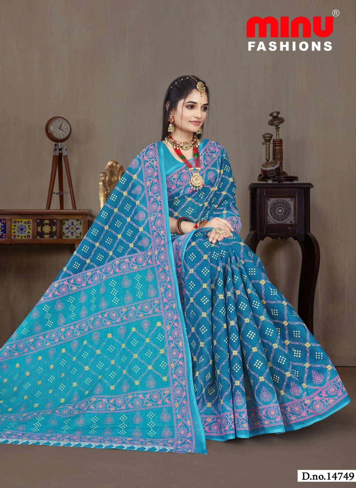 Minu Fashions Saree Ulta Chasma – Blue and Sky Blue printed saree with detailed ethnic motifs