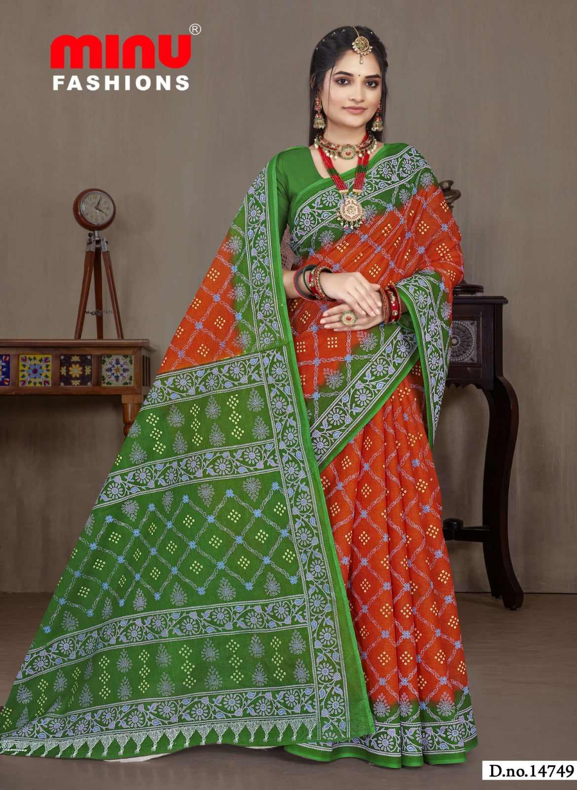 Minu Fashions Saree Ulta Chasma – Green and Orange printed saree with ethnic pattern for cultural wear