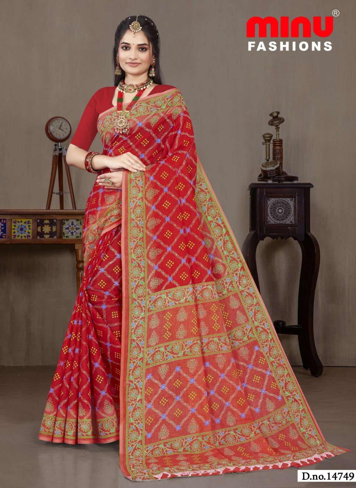 Minu Fashions Saree Ulta Chasma – Red and Beige traditional printed saree with elegant border.