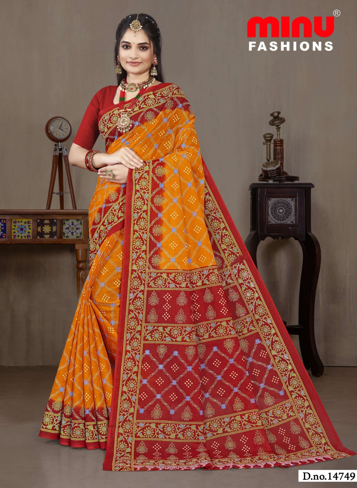 Minu Fashions Saree Ulta Chasma – Orange and Maroon printed saree with intricate border pattern