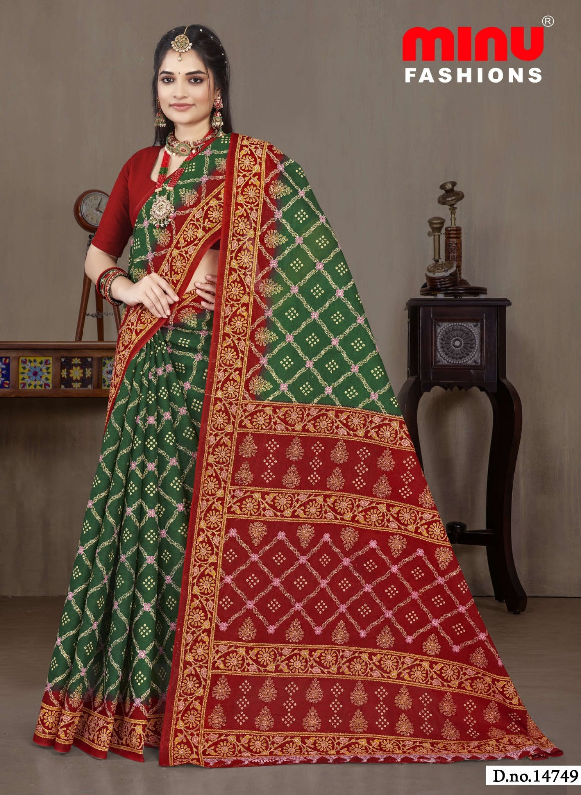 Minu Fashions Saree Ulta Chasma – Green and Maroon printed saree with festive border design