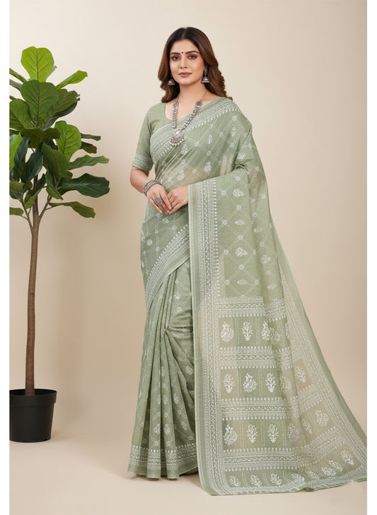 MINU SAREE PESTAL MAGIC Green Cotton Printed Saree