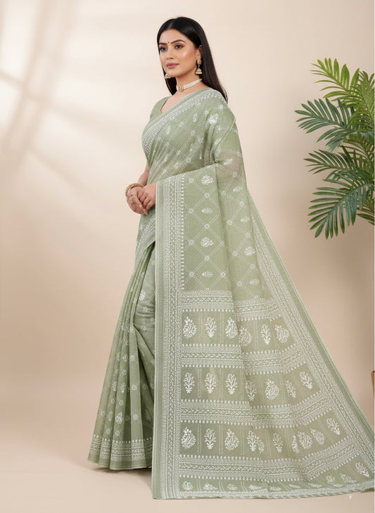 MINU SAREE PESTAL MAGIC Green Cotton Printed Saree