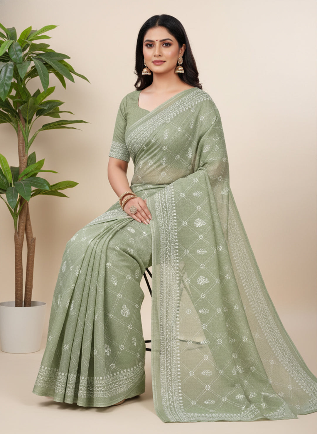 MINU SAREE PESTAL MAGIC Green Cotton Printed Saree