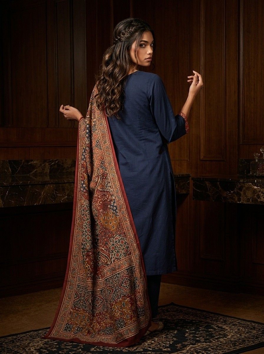 Sitara Women's Black Pure Cotton Straight Salwar Suit with Applique Work & Kalamkari Printed Dupatta| Ank