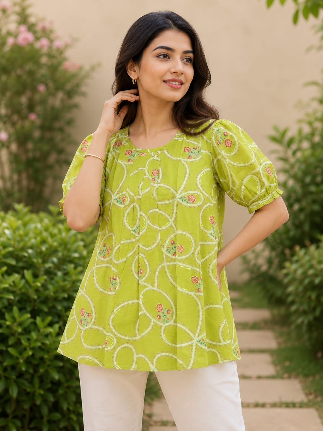 Tiyasha Green Abstract Chanderi Modal A-Line Kurti For Women with Ruffle Detail & Round Neck | Ank