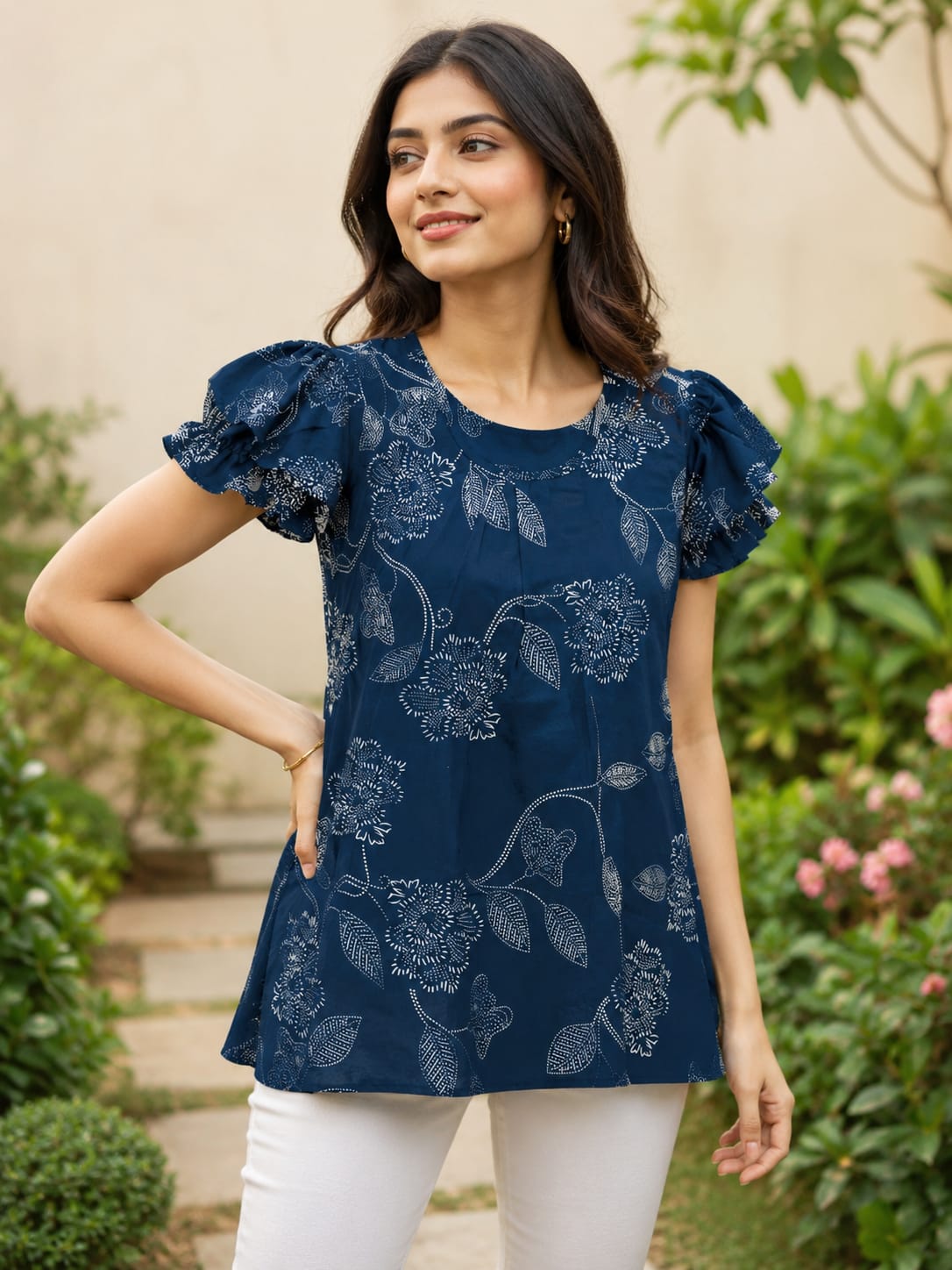 Tiyasha Navy Blue Floral Chanderi Modal A-Line Kurti For Women with Round Neck & Short Sleeves | Ank