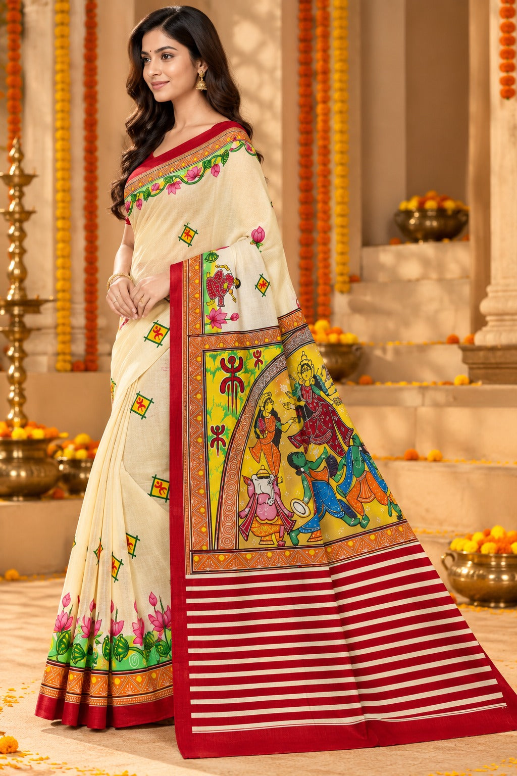 Minu | Puja Special Women Multicolor Printed Saree with Traditional Floral Border & Festive Pallu