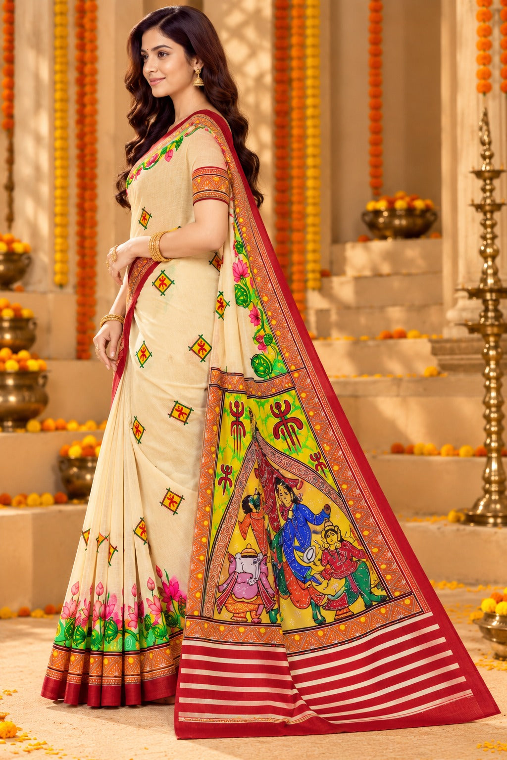 Minu | Puja Special Women Multicolor Printed Saree with Traditional Floral Border & Festive Pallu