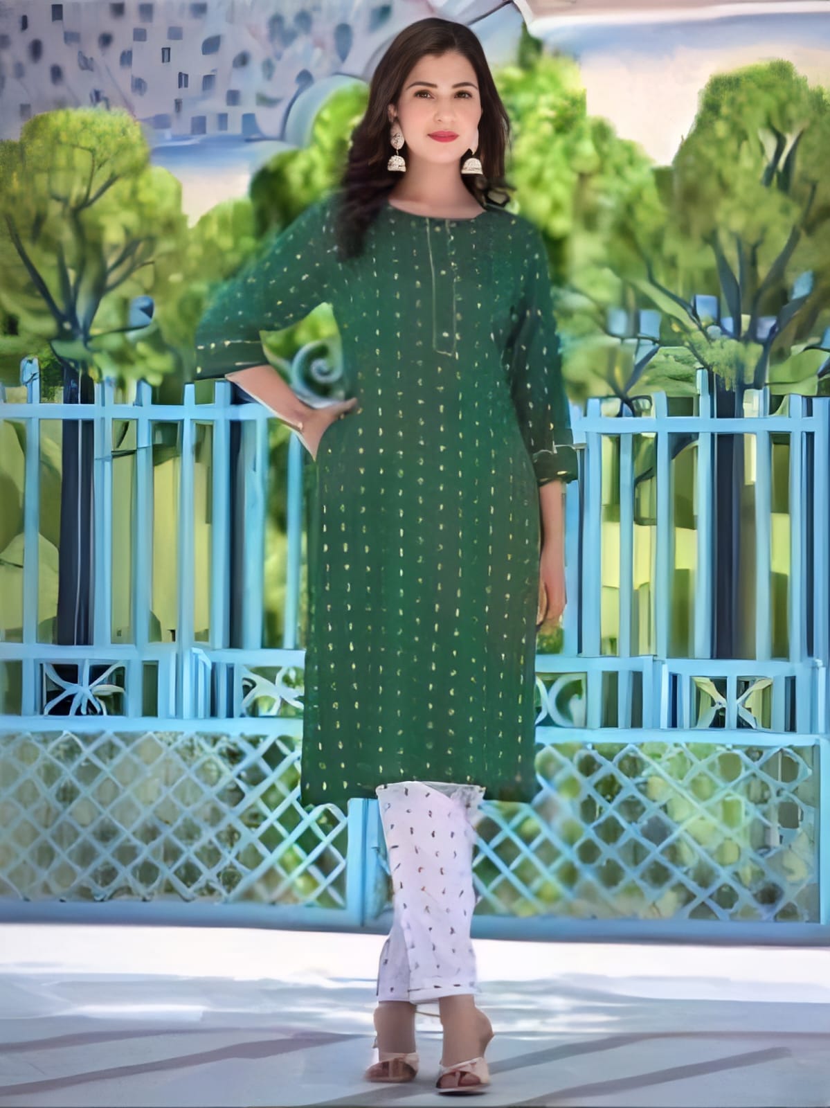 Golden Girl Combo Cotton Kurti Set Dark Green