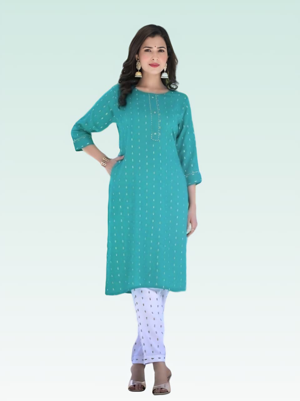 Golden Girl Combo Cotton Kurti Set Sea Green