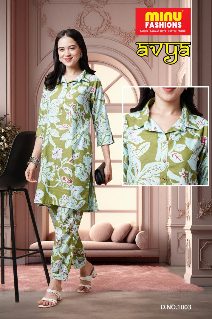 Avya Cotton Printed Co-ord Set Green 1003
