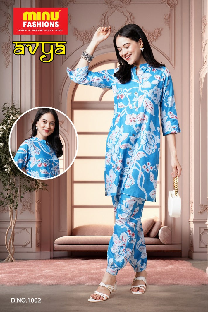 Avya Cotton Printed Co-ord Set Blue 1002