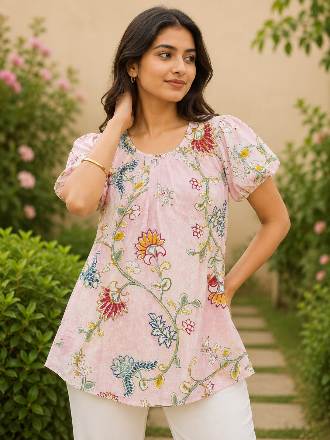 Tiyasha Orange Floral Chanderi Modal A-Line Kurti For Women with Round Neck & Short Sleeves | Ank