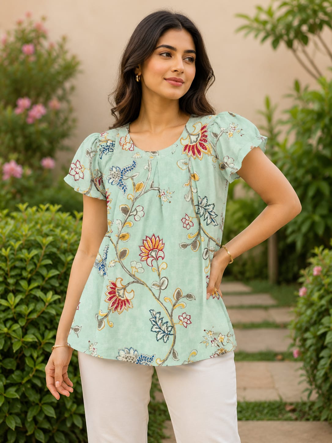 Tiyasha Light Green Floral Chanderi Modal A-Line Kurti For Women with Round Neck & Short Sleeves | Ank
