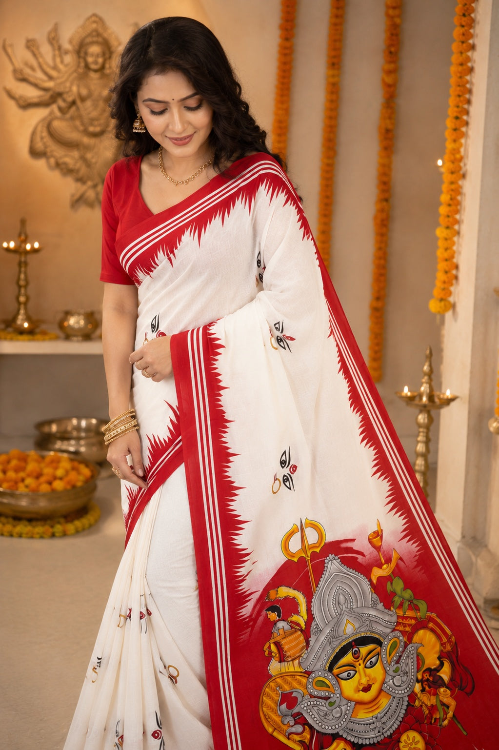 Minu | Women Durga Puja Special White Malai Cotton Folk Art Printed Saree with Red Border