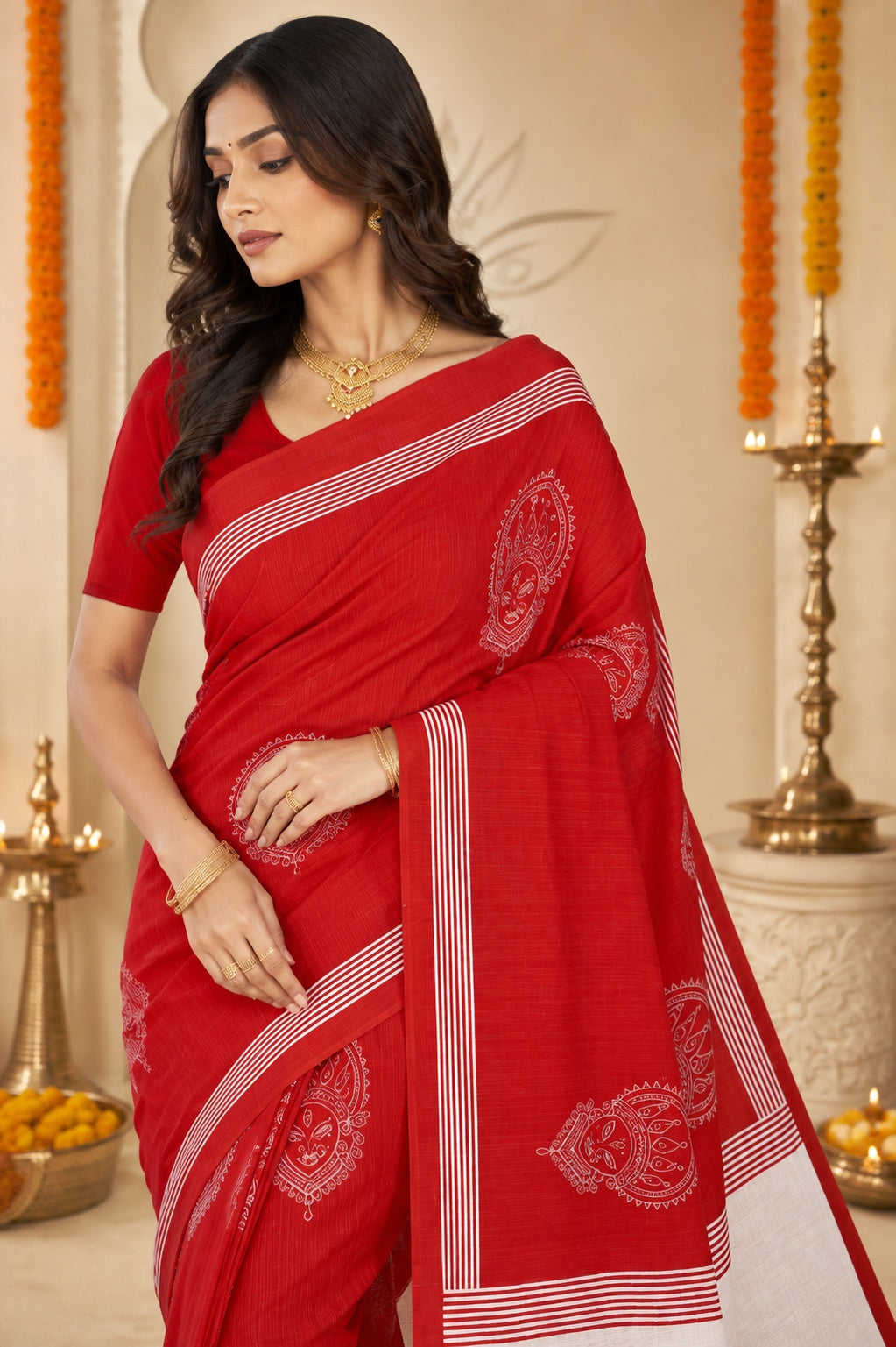 Minu | Women Red & White Durga Puja Special Folk Art Printed Saree