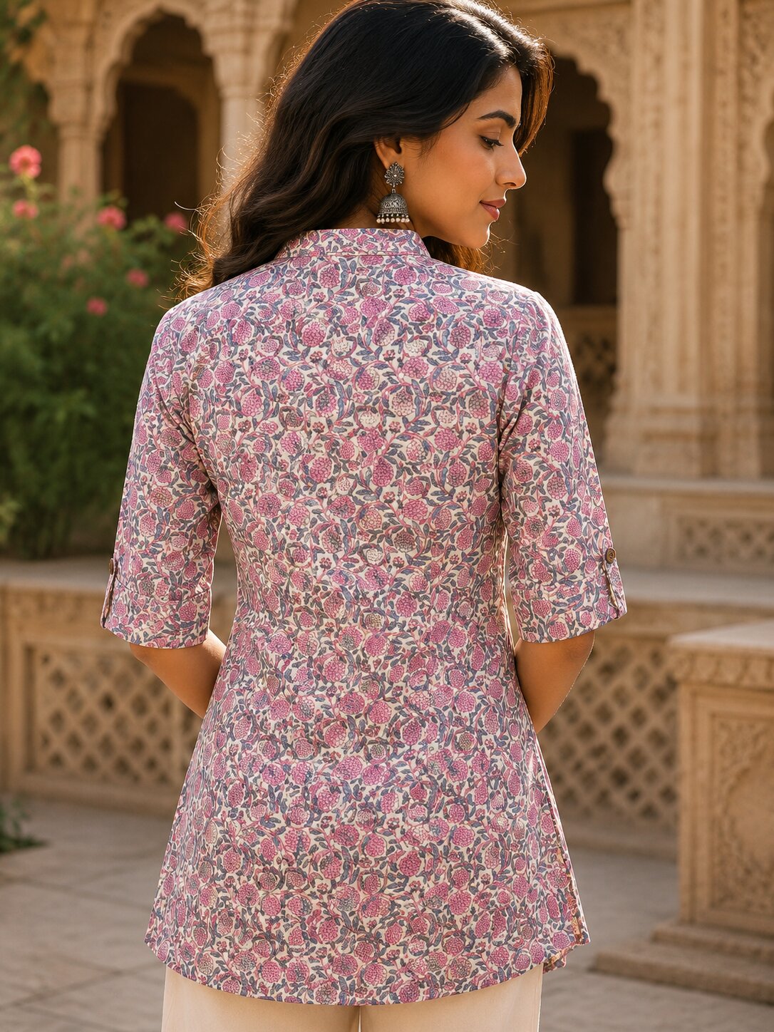 Minu Fashions Ayesha Ajrakh Floral Print Pure Cotton Straight Tunic Short Top for Women