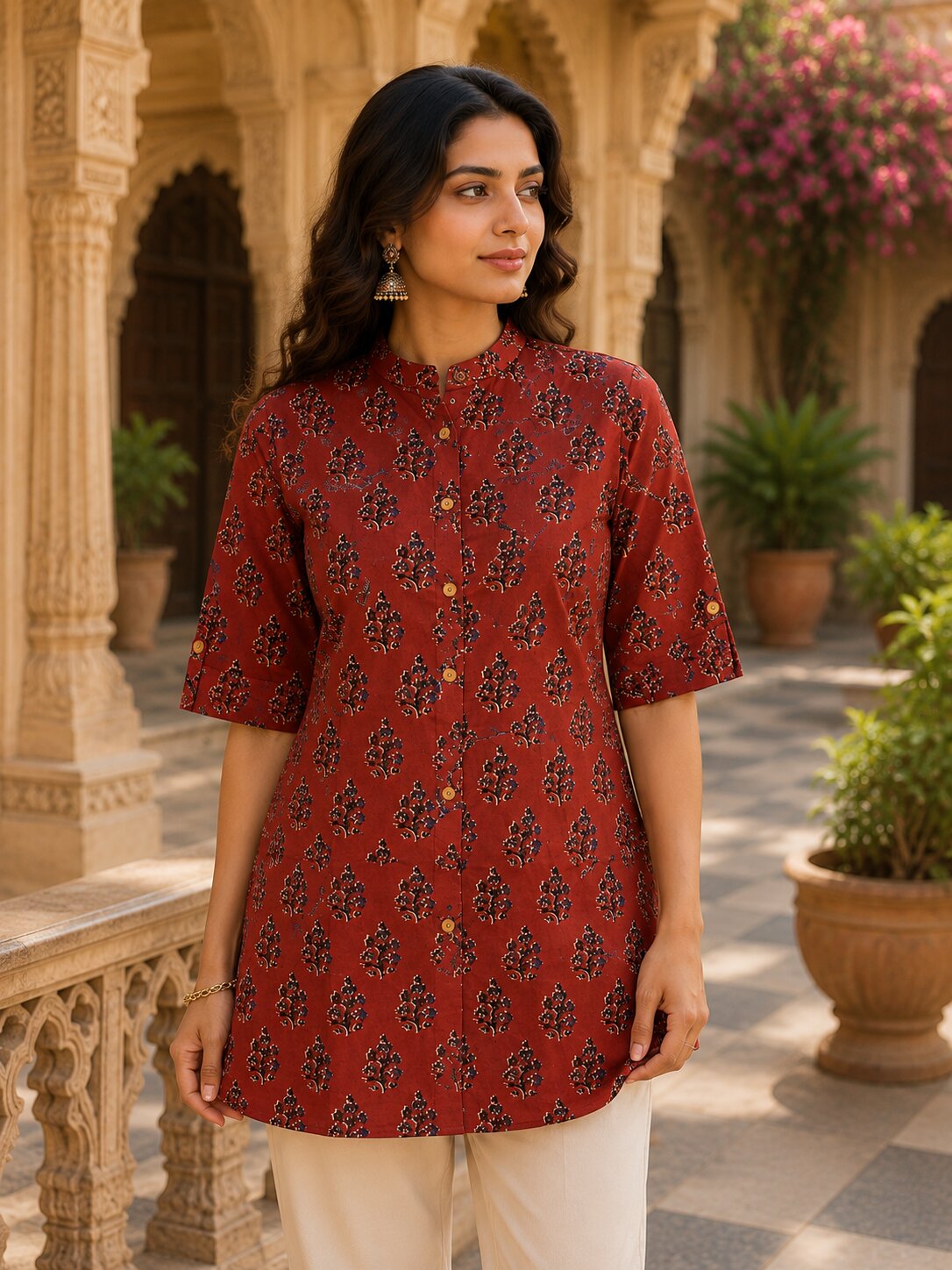 Minu Fashions Ayesha Ajrakh Floral Print Pure Cotton Straight Tunic Short Top for Women