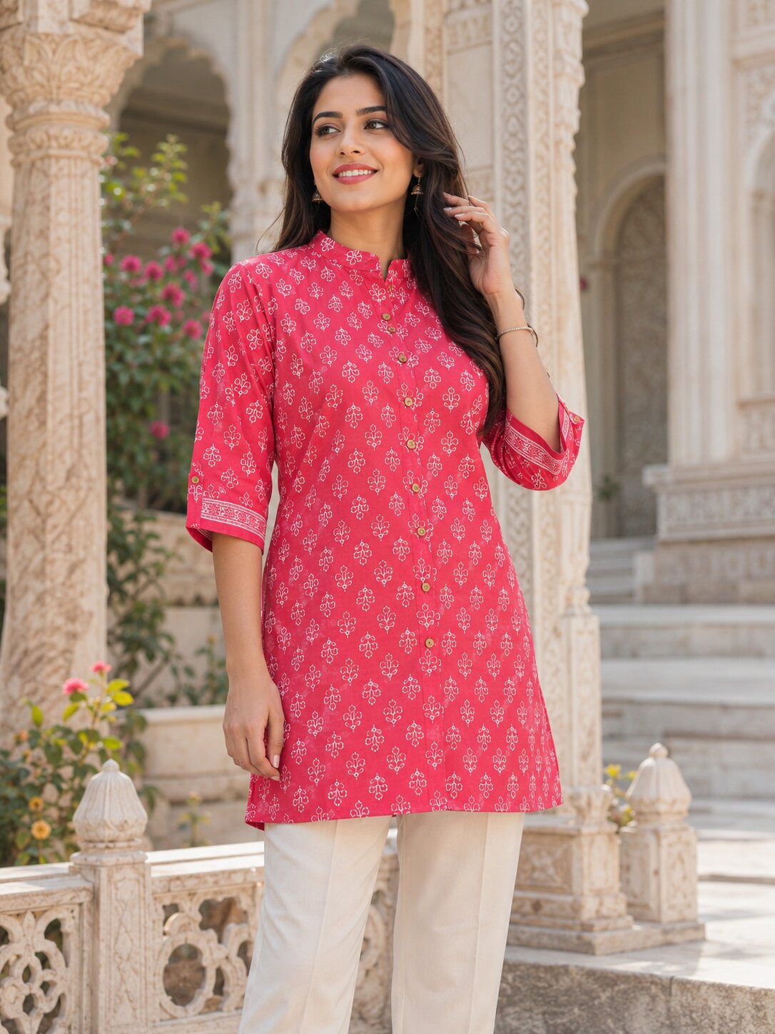 Minu Fashions Ayesha Ajrakh Floral Print Pure Cotton Straight Tunic Short Top for Women