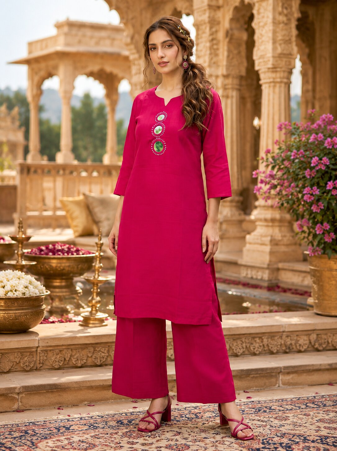 Purva Women Vartican Silk Straight Cut Kurti Set with Palazzo | Mirror & Beads Work | Women's Ethnic Wear