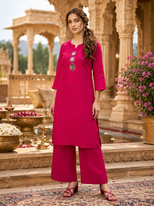 Purva Women Vartican Silk Straight Cut Kurti Set with Palazzo | Mirror & Beads Work | Women's Ethnic Wear