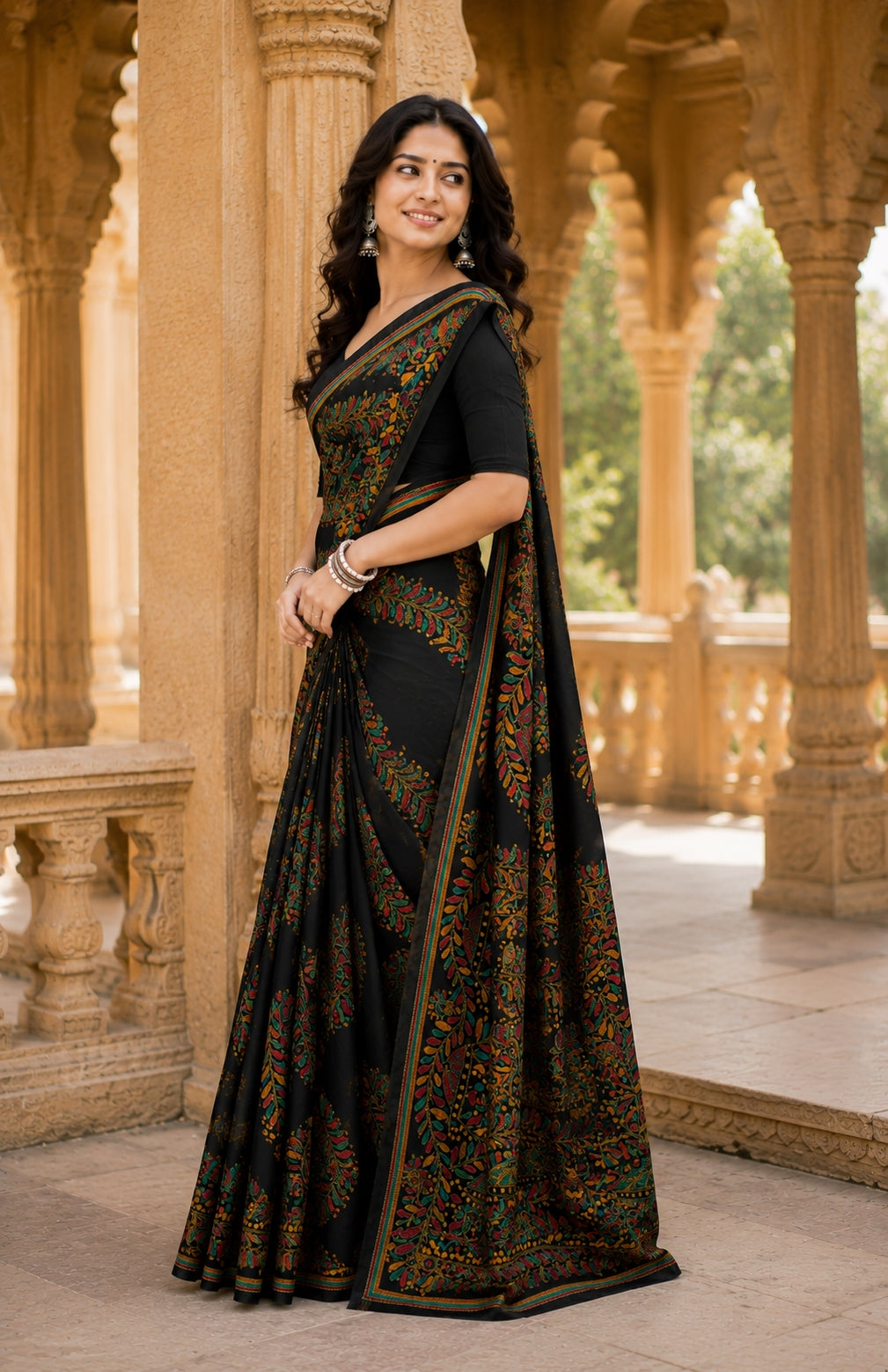Minu Nakshi Kantha Women's Black Pure Cotton Floral Printed Saree