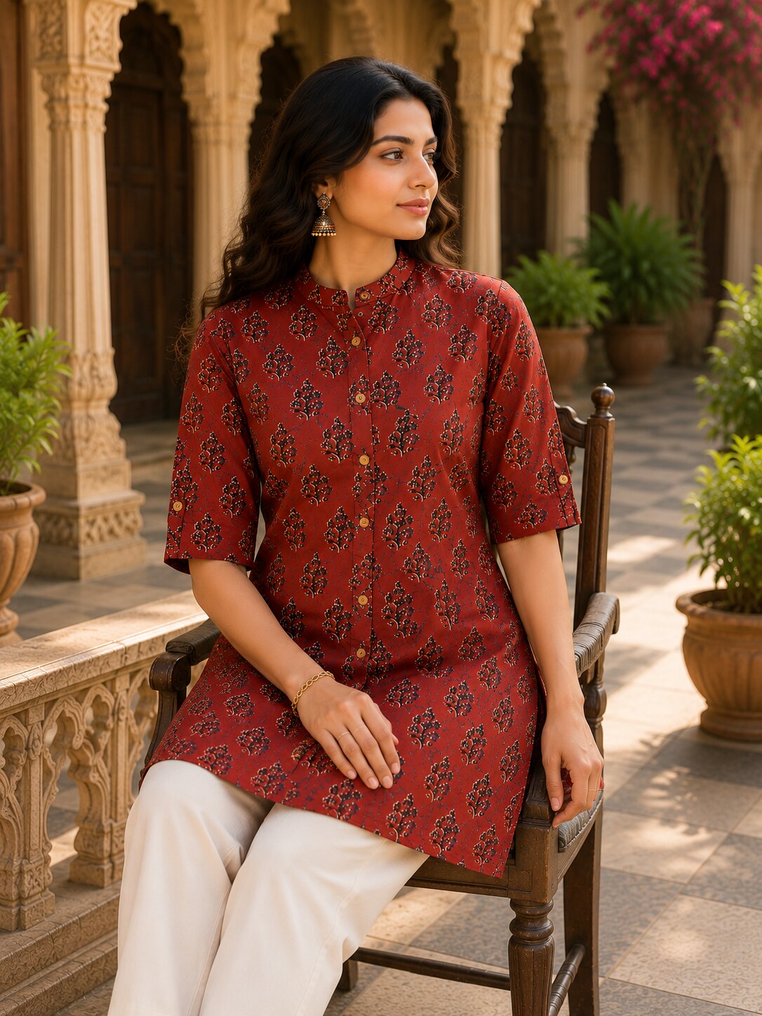 Minu Fashions Ayesha Ajrakh Floral Print Pure Cotton Straight Tunic Short Top for Women