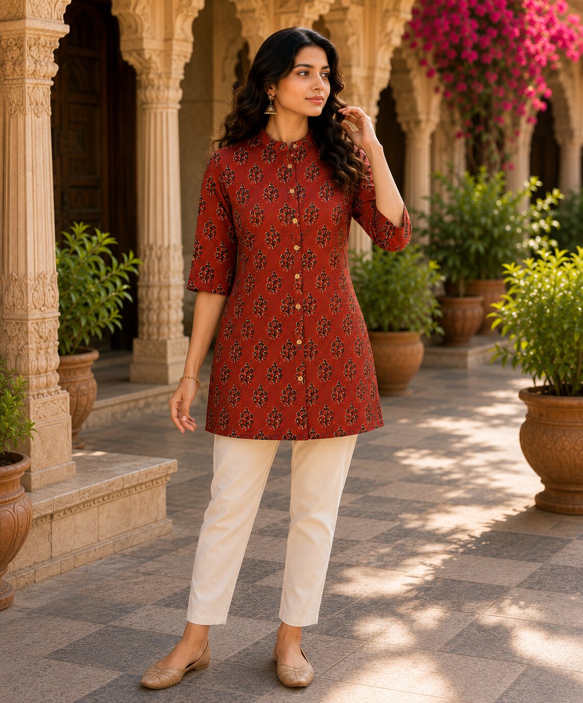 Minu Fashions Ayesha Ajrakh Floral Print Pure Cotton Straight Tunic Short Top for Women