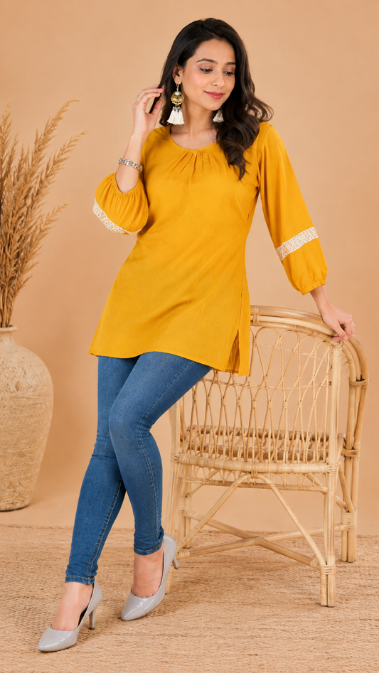Mustard Yellow Cotton Short Kurti with Gathered Neck