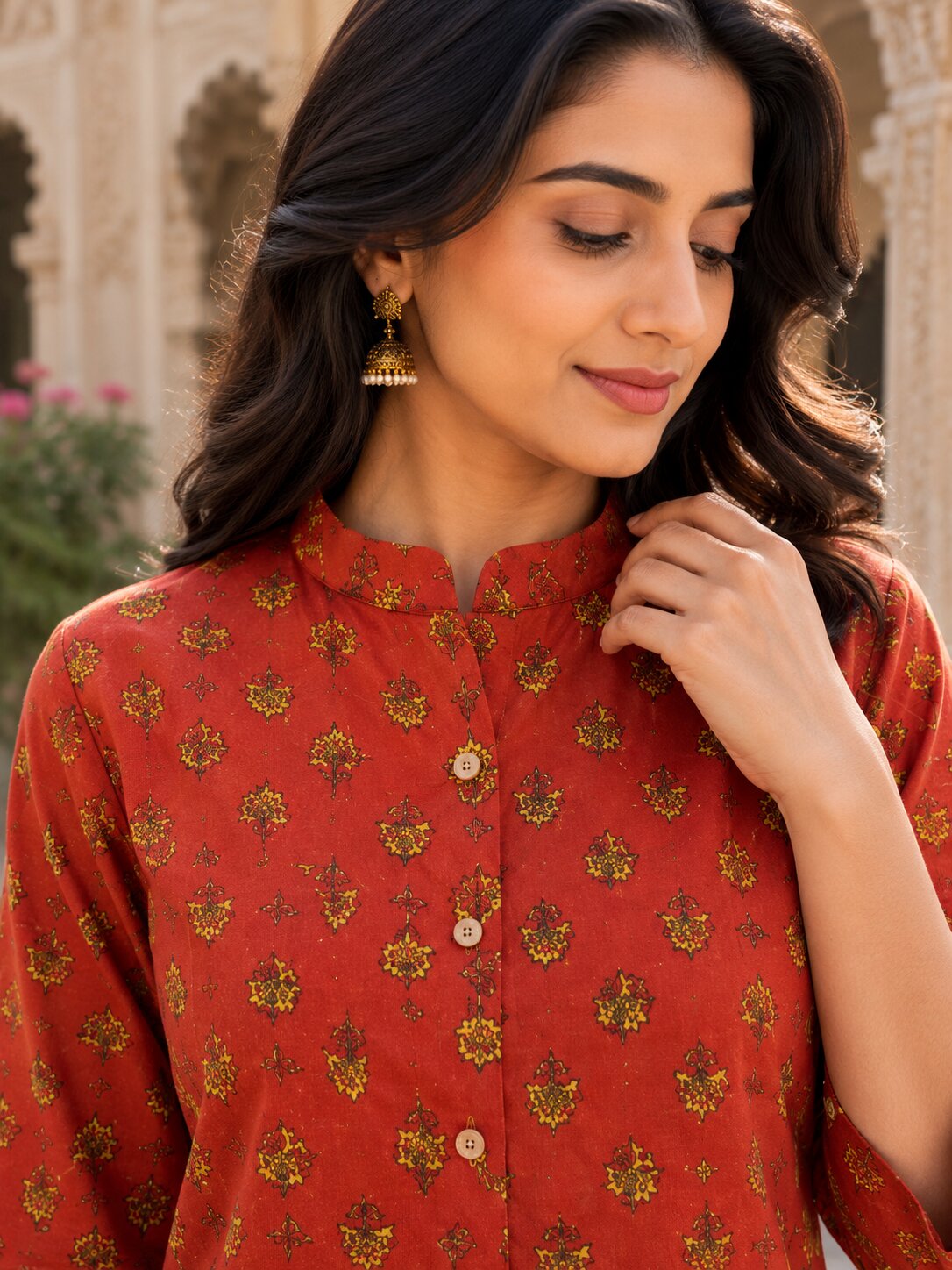 Minu Fashions Ayesha Ajrakh Floral Print Pure Cotton Straight Tunic Short Top for Women