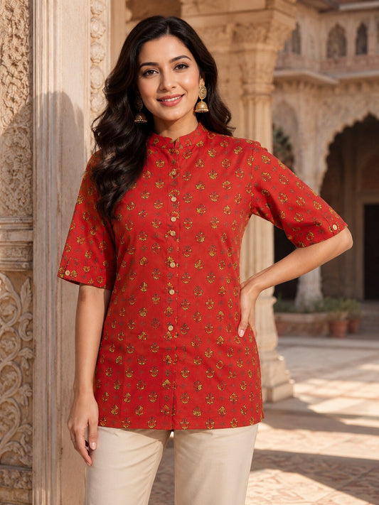 Minu Fashions Ayesha Ajrakh Floral Print Pure Cotton Straight Tunic Short Top for Women