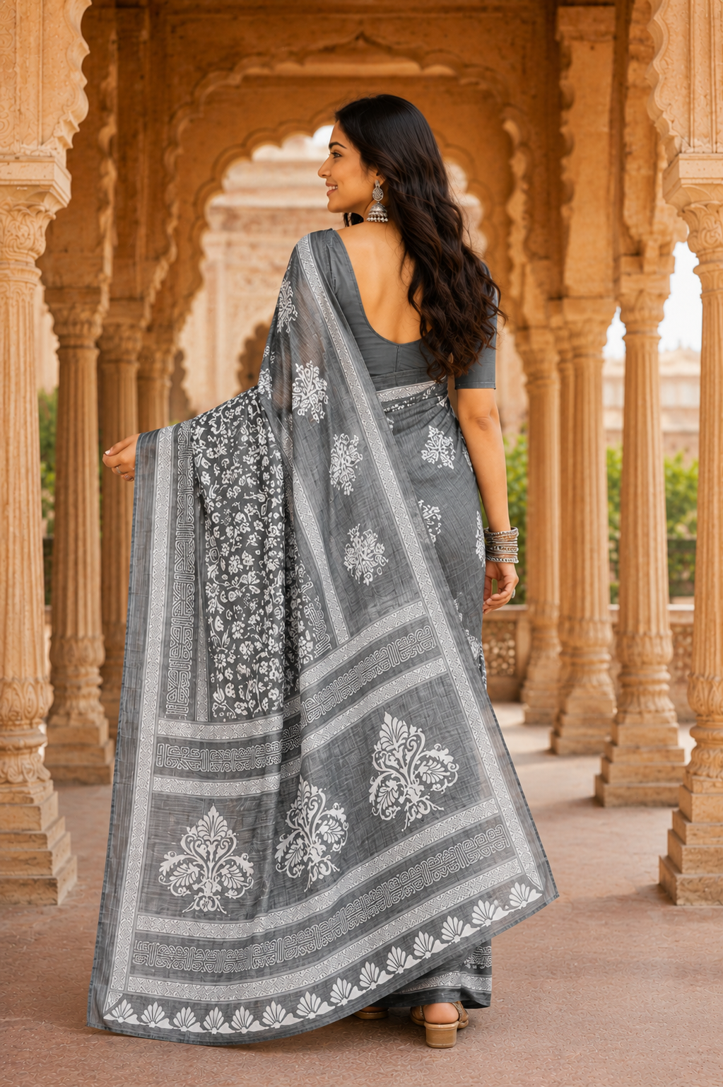 Women’s Pure Cotton Gray Floral Saree