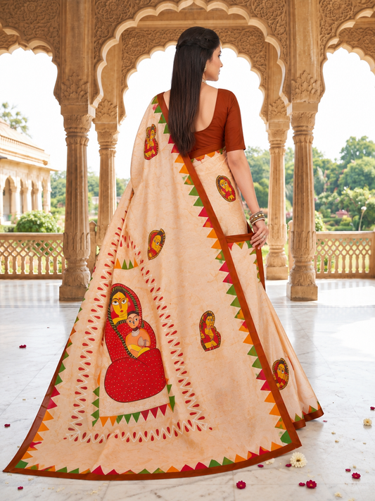 Digital Fashion Beige Idol Cotton Pritned Saree