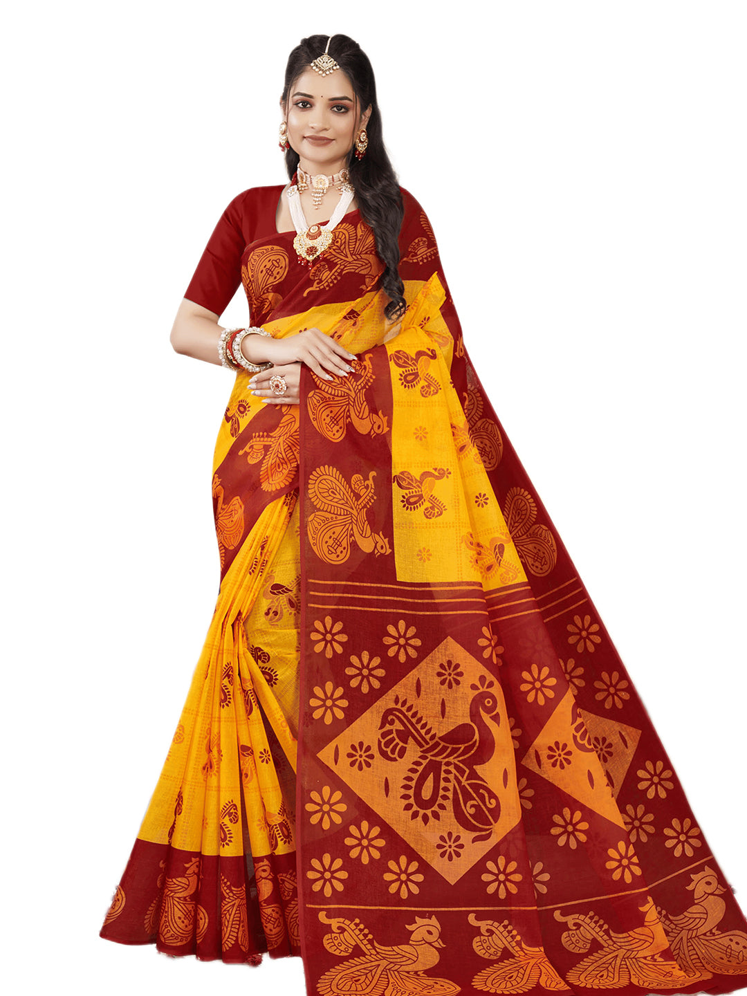 Monica Yellow & Red Traditional Cotton Saree