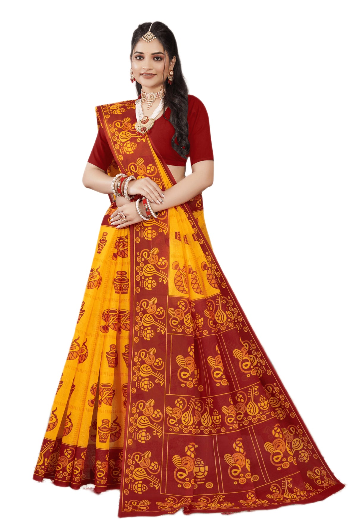 Monica Yellow & Red Traditional Cotton Saree