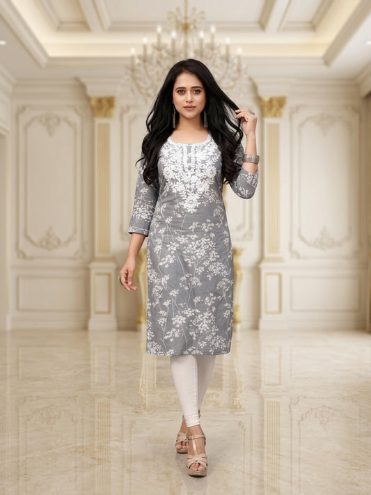 Pooja Women Floral Printed Cotton Ethnic Kurti with Round Neck & Three-Quarter Sleeves