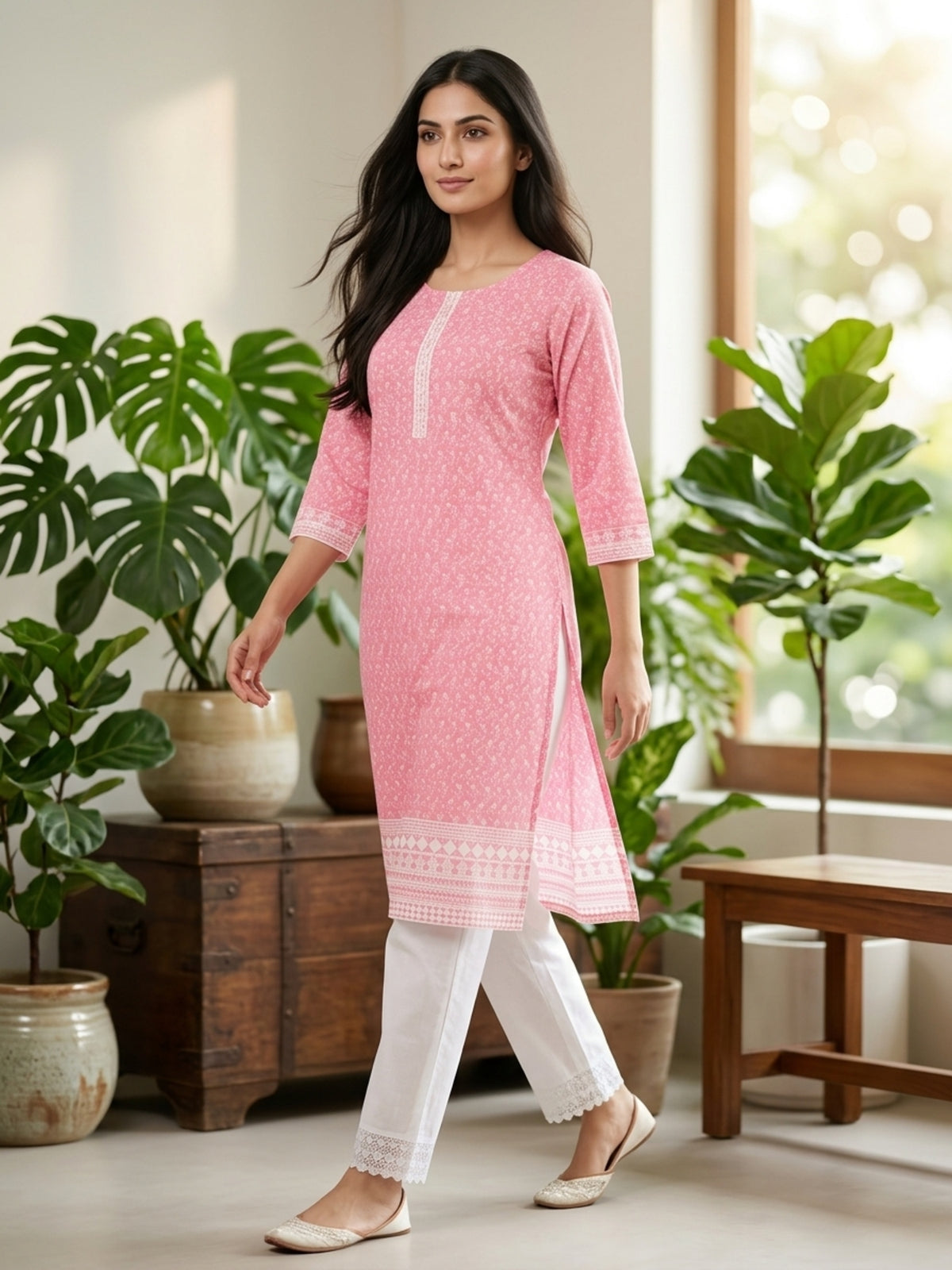 Nizam Women Pure Cotton Printed Ethnic Kurta Set with Matching Trousers, Round Neck, 3/4 Sleeves & Straight Fit for Casual, Office & Festive Wear | Ank