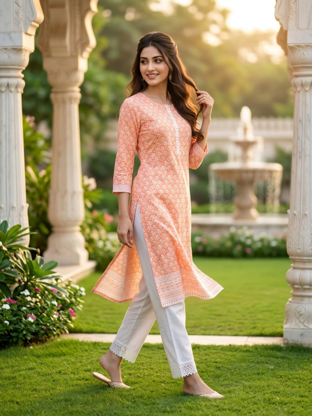 Nizam Women Pure Cotton Printed Ethnic Kurta Set with Matching Trousers, Round Neck, 3/4 Sleeves & Straight Fit for Casual, Office & Festive Wear | Ank