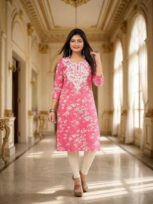 Pooja Women Floral Printed Cotton Ethnic Kurti with Round Neck & Three-Quarter Sleeves