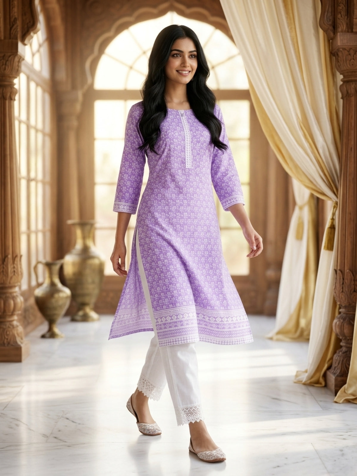 Nizam Women Pure Cotton Printed Ethnic Kurta Set with Matching Trousers, Round Neck, 3/4 Sleeves & Straight Fit for Casual, Office & Festive Wear | Ank