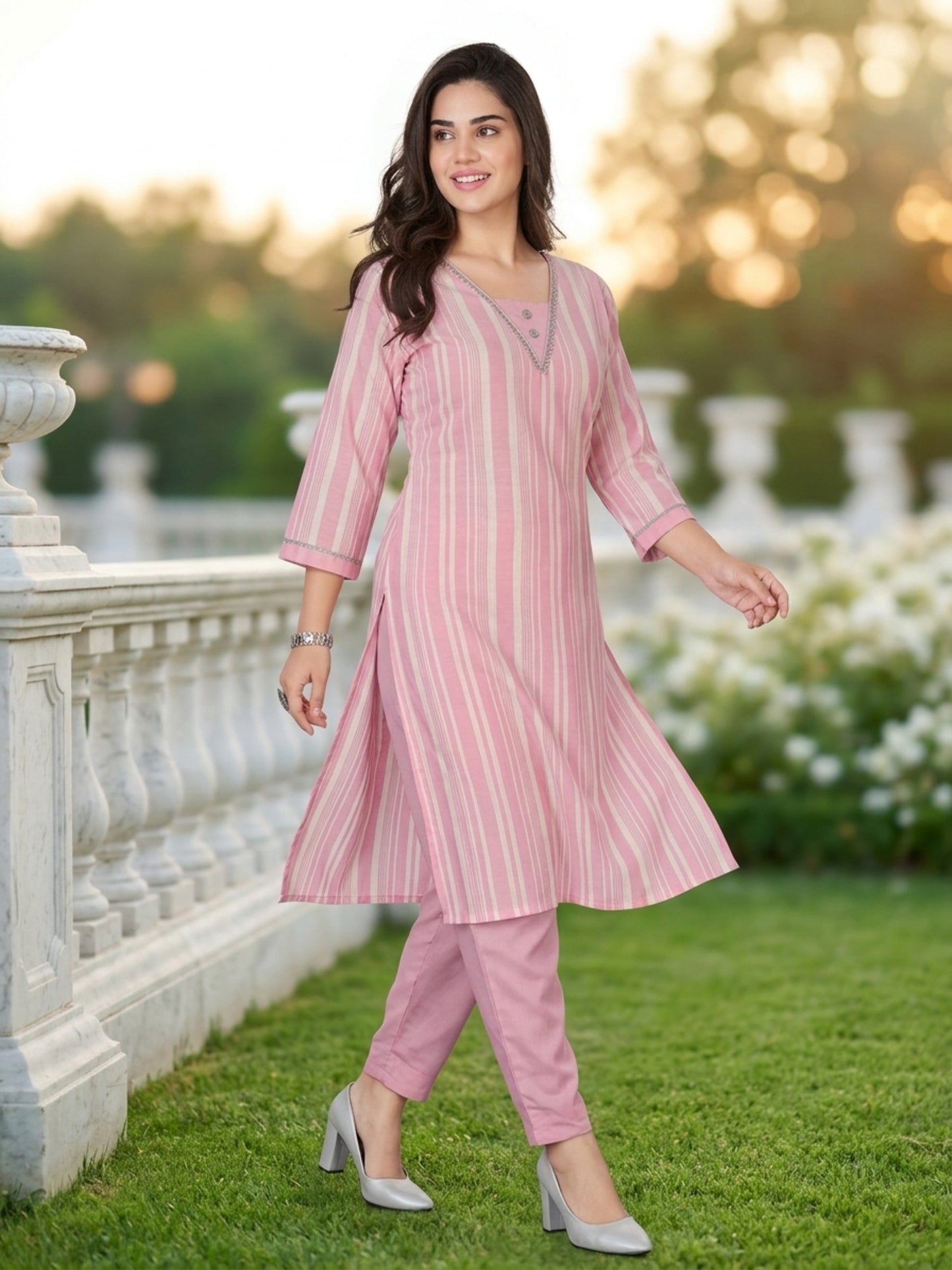Minu Kurta-Set Sparkle Women Striped Straight Kurti with Trousers | Ank