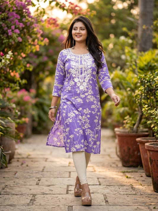 Pooja Women Floral Printed Cotton Ethnic Kurti with Round Neck & Three-Quarter Sleeves
