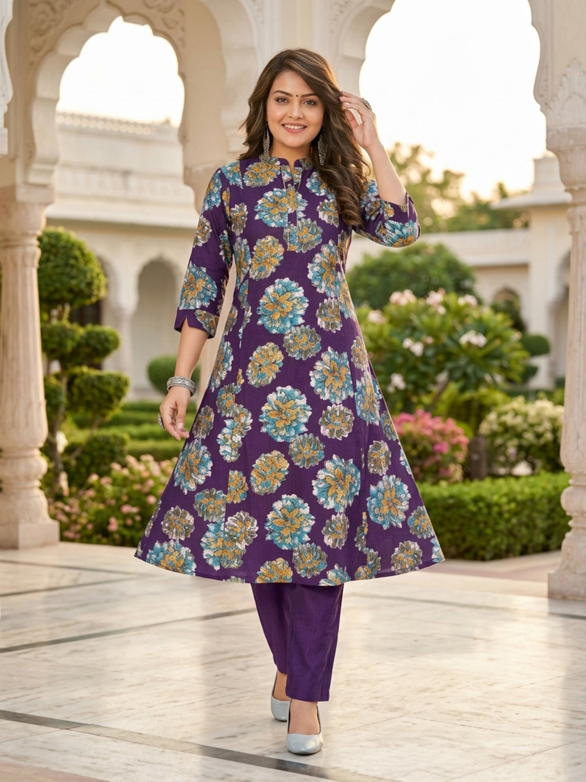 Elegant Ethnic Women Vatican Silk Printed Flared Kurti Pant Set with V-Neck & 3/4 Sleeve | Ank