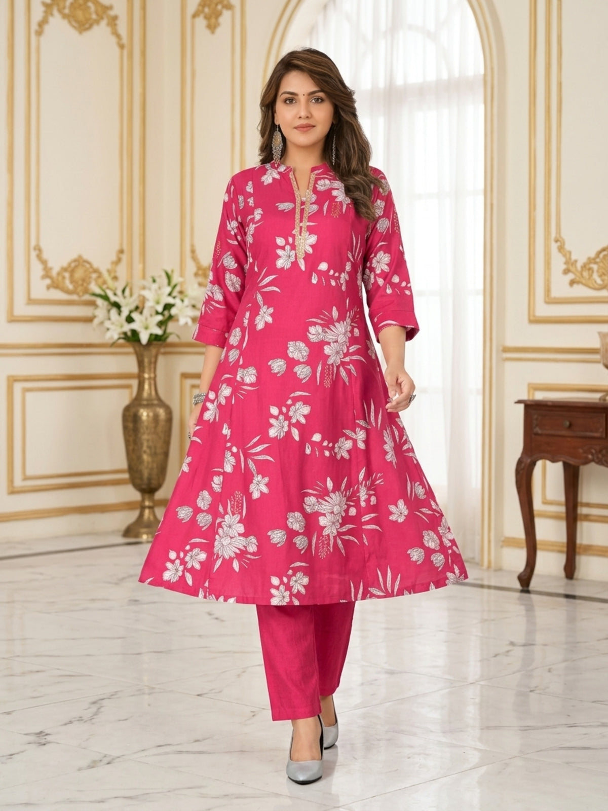 Elegant Ethnic Women Vatican Silk Printed Flared Kurti Pant Set with V-Neck & 3/4 Sleeve | Ank