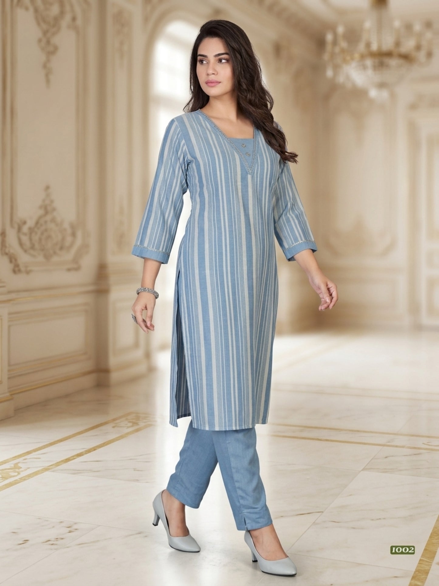 Minu Kurta-Set Sparkle Women Striped Straight Kurti with Trousers | Ank