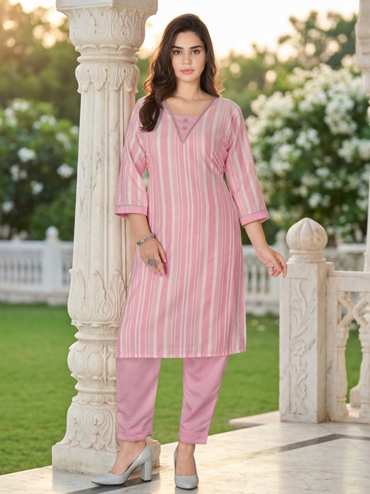 Minu Kurta-Set Sparkle Women Striped Straight Kurti with Trousers | Ank