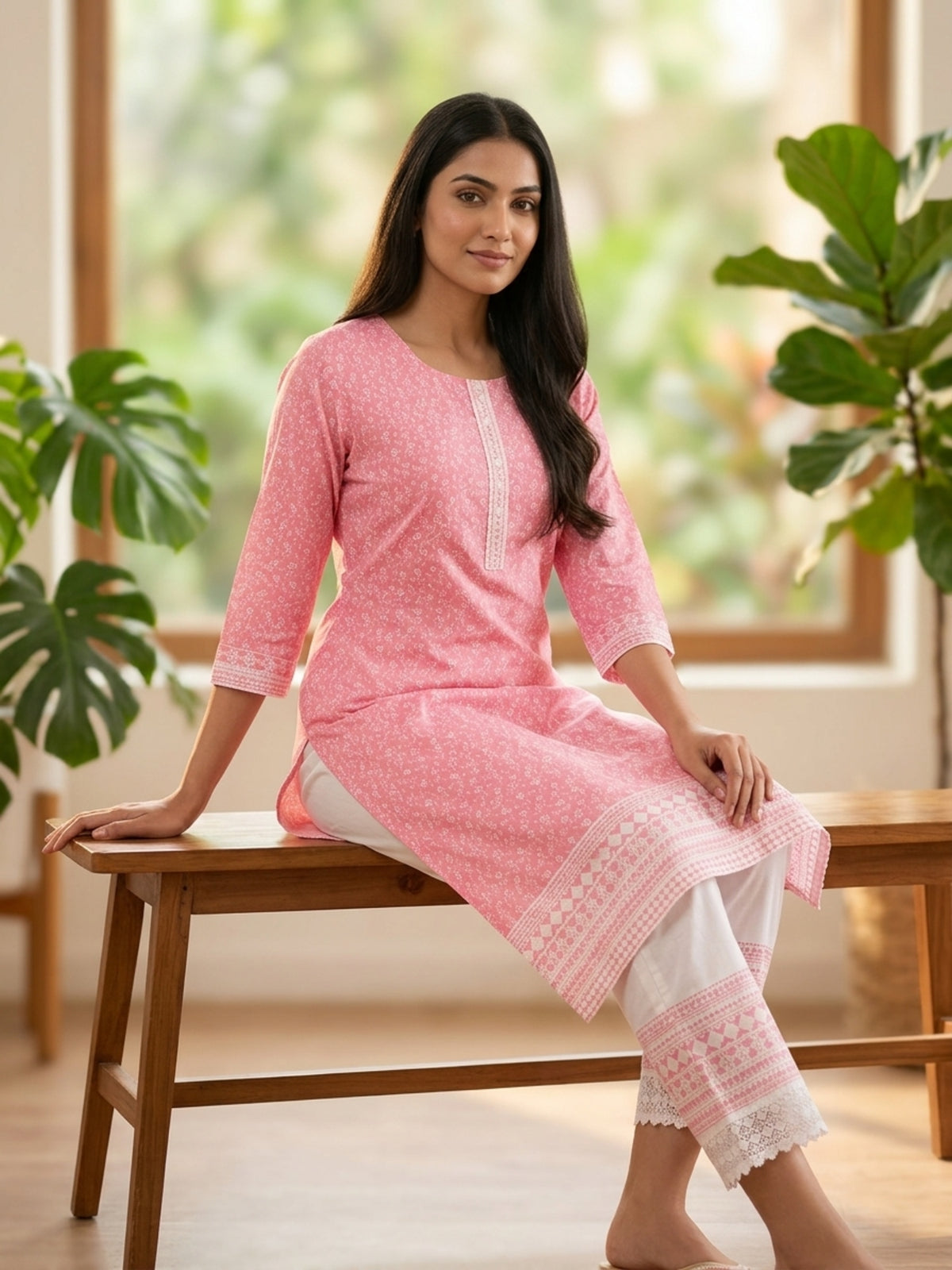 Nizam Women Pure Cotton Printed Ethnic Kurta Set with Matching Trousers, Round Neck, 3/4 Sleeves & Straight Fit for Casual, Office & Festive Wear | Ank